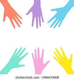 They’re colorful hands trying to reach some things. Concept about people, mankind, together, helping and etc.