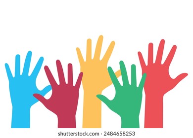 Colorful hands up. Volunteering concept, charity organization, teamwork. Vector illustration.