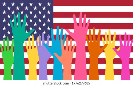 There’re a lot of colorful hands and the USA flag as a background. Concept about election, vote, together, citizens, social and etc.