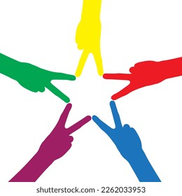 Colorful Hands vector forming a star. Peace fingers sign forming star. People in unity.