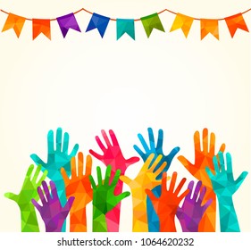 Manos coloridas hacia arriba. Ilustración vectorial, una asociación, 
unidad, socios, empresa, 
amistad, amigos antecedentes Voluntarios celebración de cumpleaños, baile, baile, baile, baile, alegría, diversión, empresa