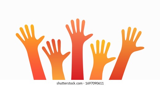 Manos coloridas hacia arriba. Ilustración vectorial, asociación, unidad, compañeros, amistad