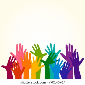 Colorful up hands. Vector illustration, an association, 
unity, partners, company, 
friendship, friends background Volunteers celebration birthday celebration, dancing, disco dance joy fun corporate