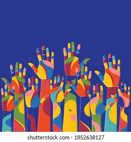 Colorful up hands. Volunteers. Vector illustration, an association, unity, partners, company, friendship, friends party background. Vector illustration