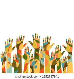 Colorful up hands. Volunteers. Vector illustration, an association, unity, partners, company, friendship, friends party background. Vector illustration