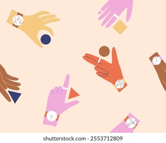 Colorful hands with wrist watches and geometric shapes. Vector seamless pattern for textile, packaging, cover. 