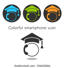 Colorful handset icon set. Modern simple flat color telephone sign with graduation hat. Internet concept. Trendy vector phone symbol for website design web button, mobile app.