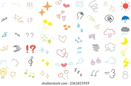 Colorful handwritten comic icon set. Various symbols for expressing emotions.