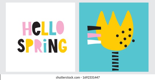 Colorful Handwritten Hello Spring scription Isolated on a White Background.Funny 90s Style Vector Illustration. Simple Abstract Print with Yellow Flower Isolated on a Blue Layout.