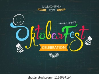 Colorful ”Oktoberfest” Handwritten Lettering or Oktoberfest Typography Design on Doodle Background.