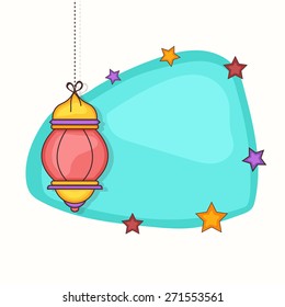 Colorful hanging arabic lamp with a blank stars decorated frame on white background for holy month of muslim community, Ramadan Kareem celebration.