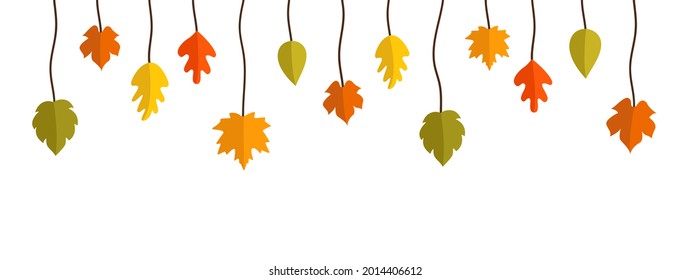 Colorful hanging autumn leaves  on white background. Modern hand drawn vector illustration