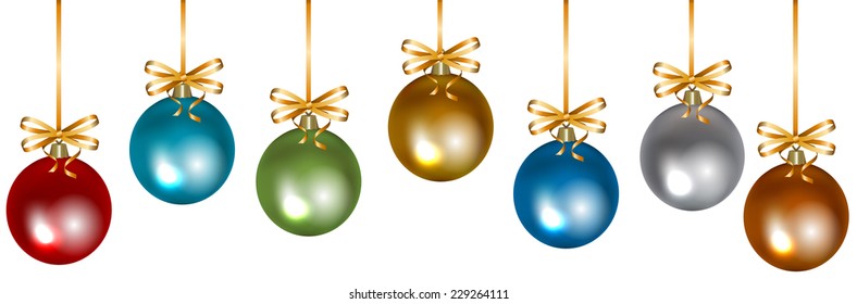 Colorful hanging baubles with bows isolated on white