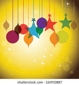 colorful hanging baubles on orange yellow background - concept vector. The concept graphic can represent festivals like christmas or xmas, new year, birthday & wedding events, valentine's day, etc