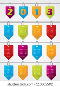 Colorful hanging calendar design for year 2013