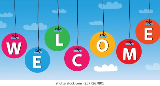 Colorful hanging cardboard on sky Tags welcome vector illustration design background