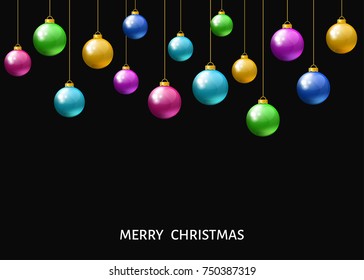 Colorful  hanging Christmas balls isolated on black  background. Xmas realistic baubles. Vector holyday decorations.