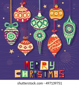 Colorful hanging Christmas balls on purple background. Gorgeous Merry Christmas and Happy New Year design. Creative vector graphic pattern with Christmas tree decorations