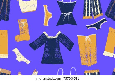 Colorful hanging clothes seamless pattern. Creative and modern graphic design. Vibrant colors. Hand drawn brushstrokes texture. 