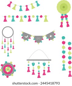 colorful hanging decoration set boho elements illustration cute boho hangings  