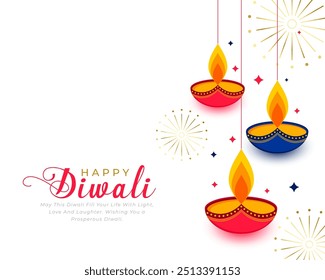 colorido pendurado diwali diya no fundo branco com fogo de artifício vetor celebração