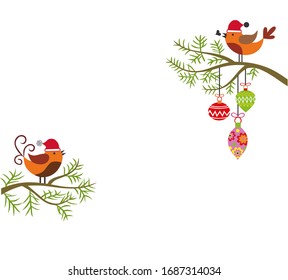 Colorful hanging Easter and birds with hat on a tree branch vector illustration