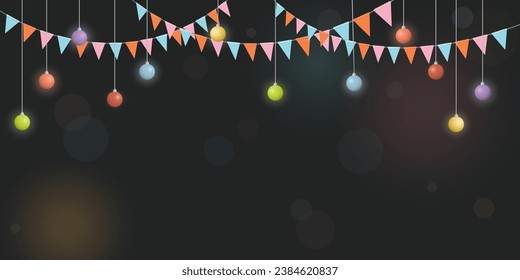 Colorful hanging flag garlands and evening balls with blurred background vector illustration. Party background template have blank space.