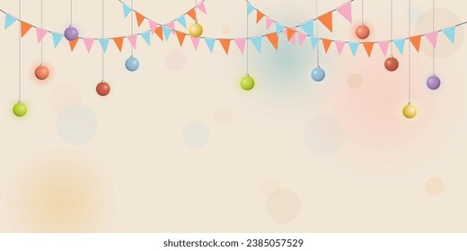 Colorful hanging flag garlands and evening balls with blurred background vector illustration. Party background template have blank space.