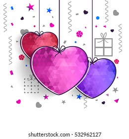 Colorful hanging hearts in abstract low poly style, Elegant greeting card design for Happy Valentine's Day celebration.