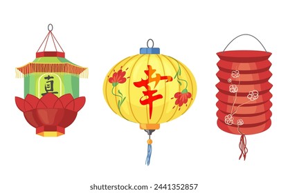 Colorful hanging lantern of different shape and form, traditional asian decor vector illustration