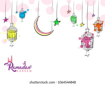 Colorful hanging lanterns, and moon. Ramadan Kareem celebration concept.