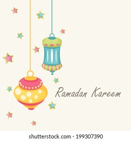 Colorful hanging lanterns on colorful stars decorated beige background for holy month of Ramadan Kareem. 