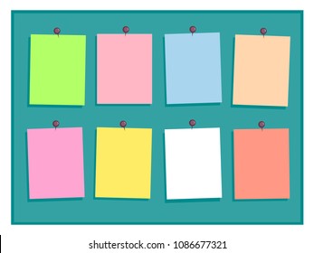 Colorful hanging paper sign notes with pins on green background design blank template mockup