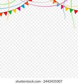 Colorful hanging party triangles and confetti on transparent background