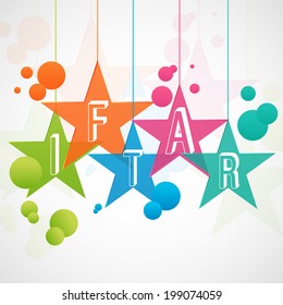 Colorful hanging stars with text IFTAR on creative abstract background. 