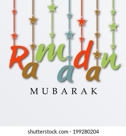 Colorful hanging text on grey background for holy month of Muslim community Ramadan Kareem. 