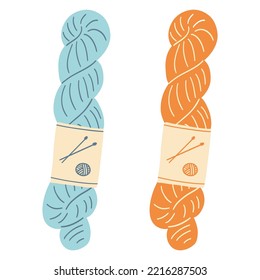 Colorful hank yarn for knitting or crochet. Hand drawn vector illustration of knitting supplies, hobby items, leisure time concept