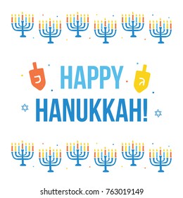 Colorful Hanukkah card with doodle elements, menorah borders and dreidel.
