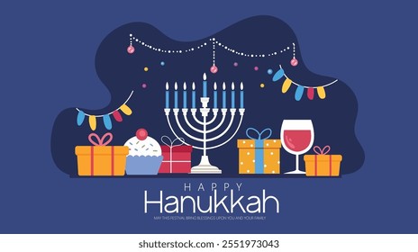 Colorful Hanukkah illustration featuring a menorah, gifts, and festive decorations. Celebratory elements highlight the joy and warmth of the holiday season.