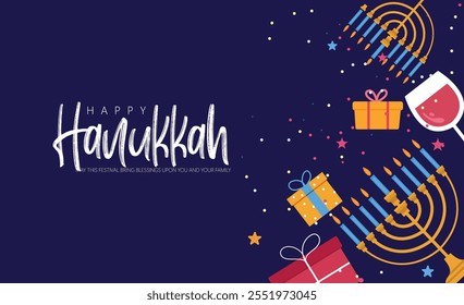 Colorful Hanukkah illustration featuring a menorah, gifts, and festive decorations. Celebratory elements highlight the joy and warmth of the holiday season.