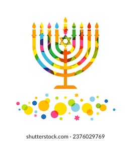 Farbige hanukkah menorah mit farbigen Konfetti und Sternen. Jüdisches Lichterfest, Menora-Kerzensymbol. Vektorgrafik