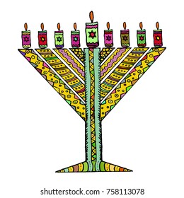 Colorful Hanukkah in the style of doodle. Triangular Chanukiah Chabad. Jewish holiday of Hanukkah. Hand draw. Sketch. Vector illustration on isolated background.