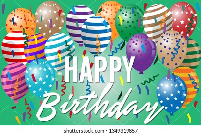 Colorful Happy Birthday. Announcement / poster / flyer / greeting card in a flat style. Green background & 3D balloons - Vector EPS 10