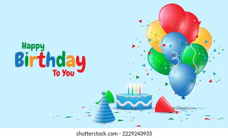 colorful happy birthday background with 3d balloons, birthday hat, birthday cake and confetti. suitable for greeting card, banner, poster, invitation, social media post, etc. vector illustration