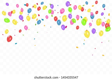 Colorful Happy Birthday Background With Balloons And Confetti. Celebration Event Party. Multicolored. Vector