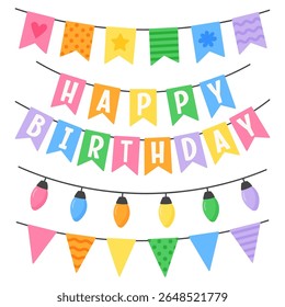 Colorful happy birthday bunting, festive lights and decorative flags on white background