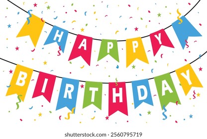 Colorful happy birthday with bunting flags and confetti banner template design decoration