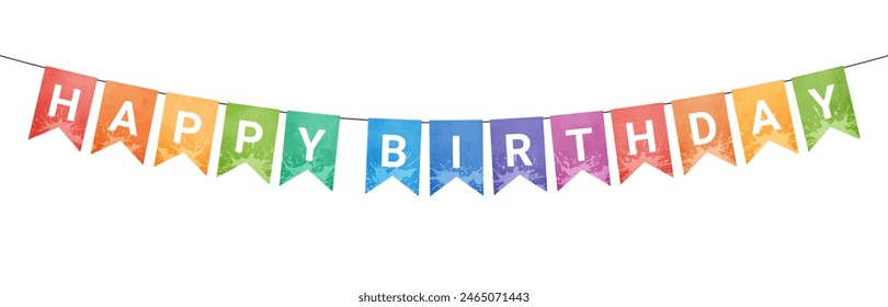  Colorful happy birthday bunting garland, pennants with white letters watercolor style