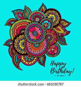 Colorful Happy Birthday card with balloons. Balloons with Indian floral pattern. Gift for your friend. Vector illustration.