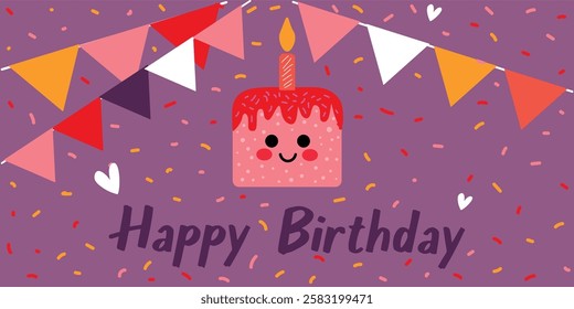Colorful Happy Birthday Card with Cake, Decorations, and Festive Elements. A cheerful illustration featuring a birthday cake, bright decorations, and colorful confetti. Perfect for celebrating 